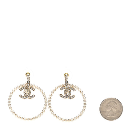 Chanel Crystal Pearl CC Door Knocker Hoop Earrings Gold Pearly White 2 of 4