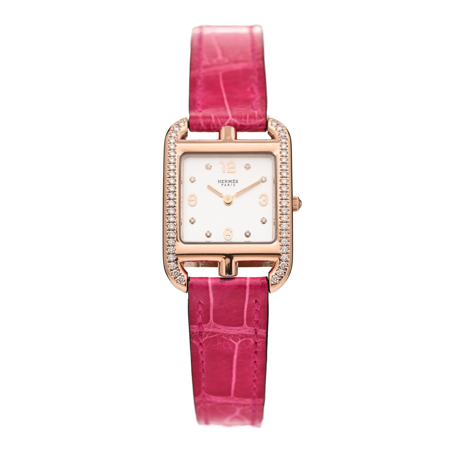 Hermes 18K Rose Gold Alligator Diamond Bezel Mother of Pearl 23mm Cape Cod Quartz Watch Framboise 1 of 5