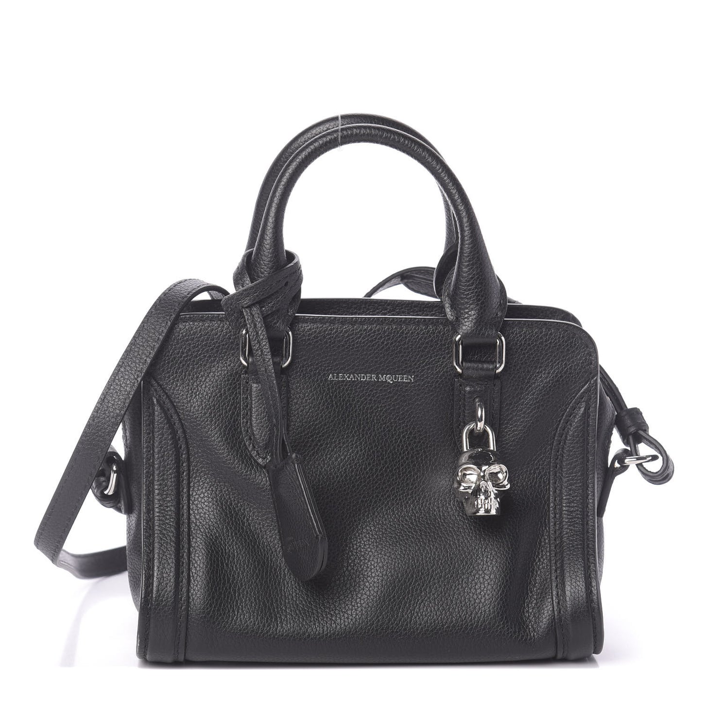 Pebbled Calfskin Mini Skull Padlock Zip Around Tote Black