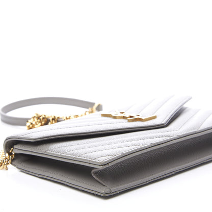 Saint Laurent Grain De Poudre Matelasse Chevron Monogram Envelope Chain Wallet Oyster Grey 5 of 10