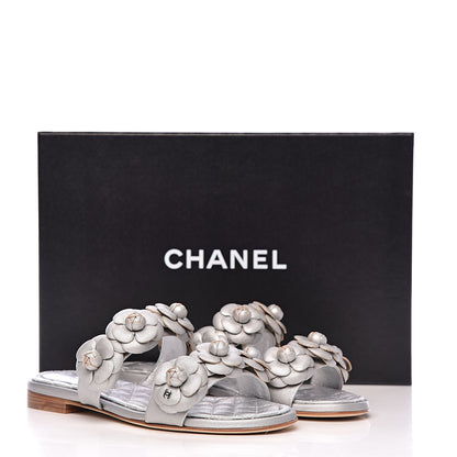 Chanel Metallic Lambskin Camellia Slide Sandals 35 Silver 12 of 12