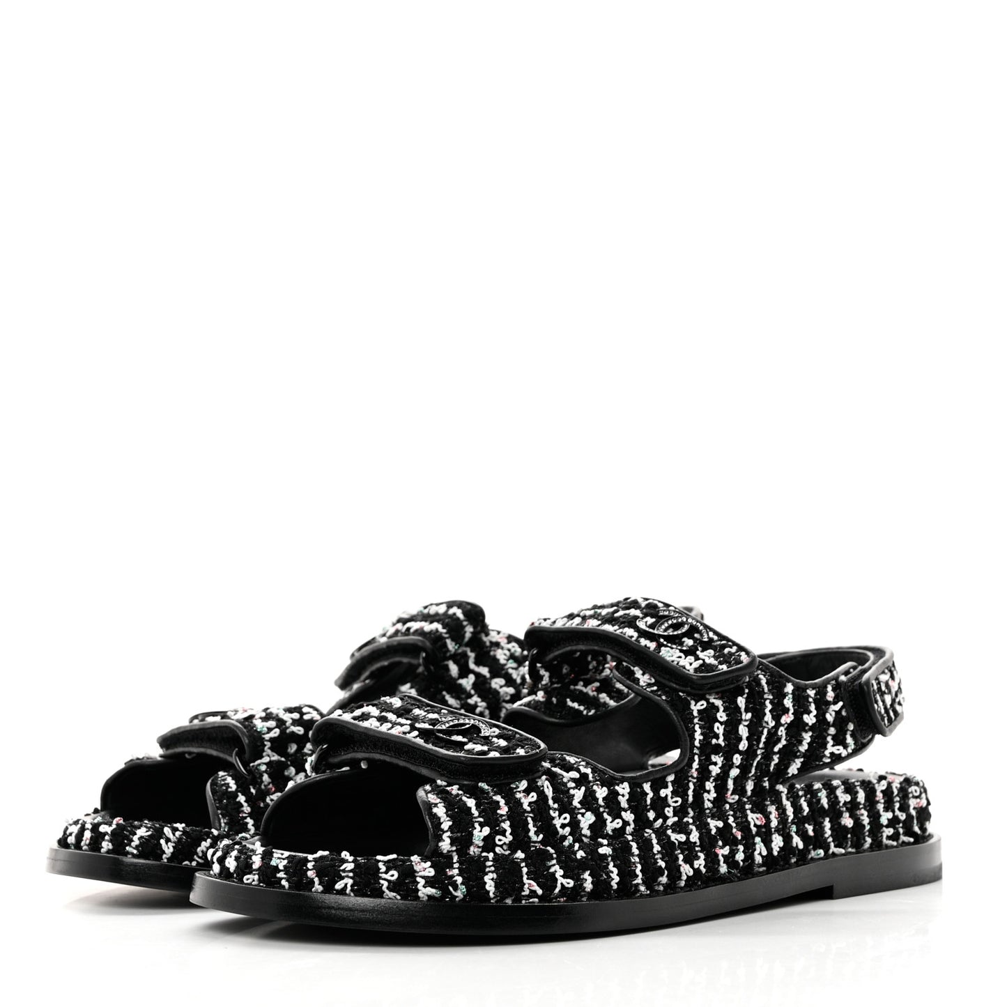 Tweed Lambskin Dad Sandals 37.5 Black White