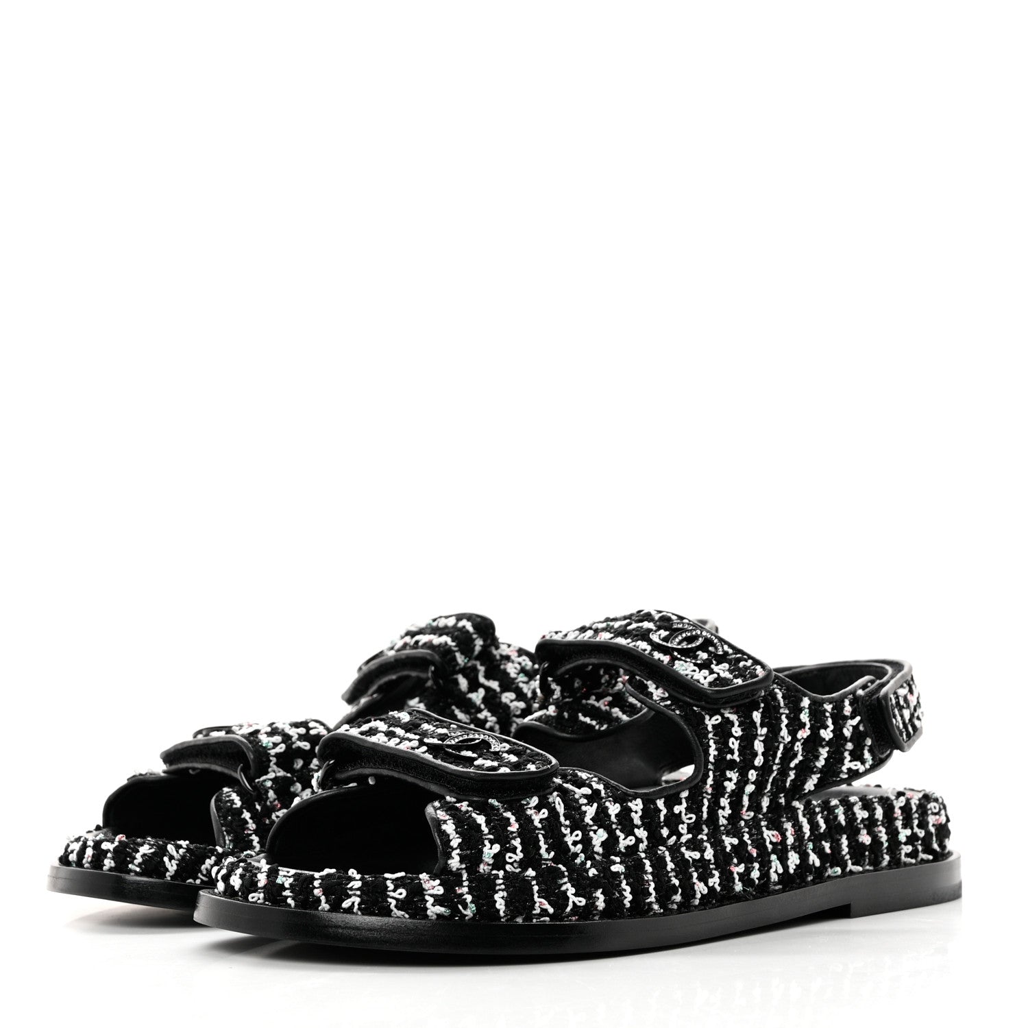 Chanel Tweed Lambskin Dad Sandals 37.5 Black White 3 of 8