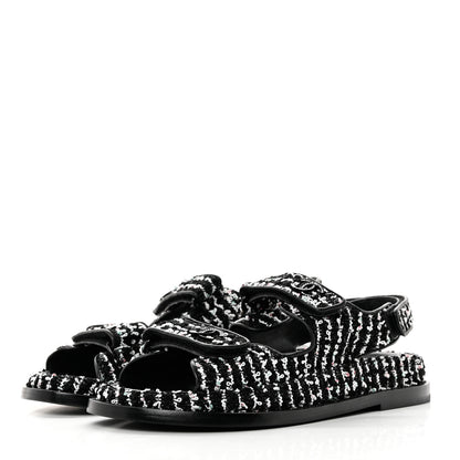 Chanel Tweed Lambskin Dad Sandals 37.5 Black White 3 of 8