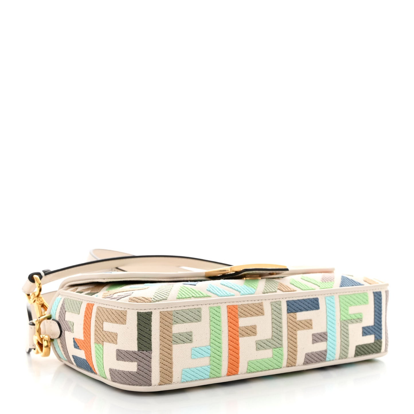 Canvas Vitello Seta FF Multicolor Embroidered Baguette Grezzo Multicolor Latte