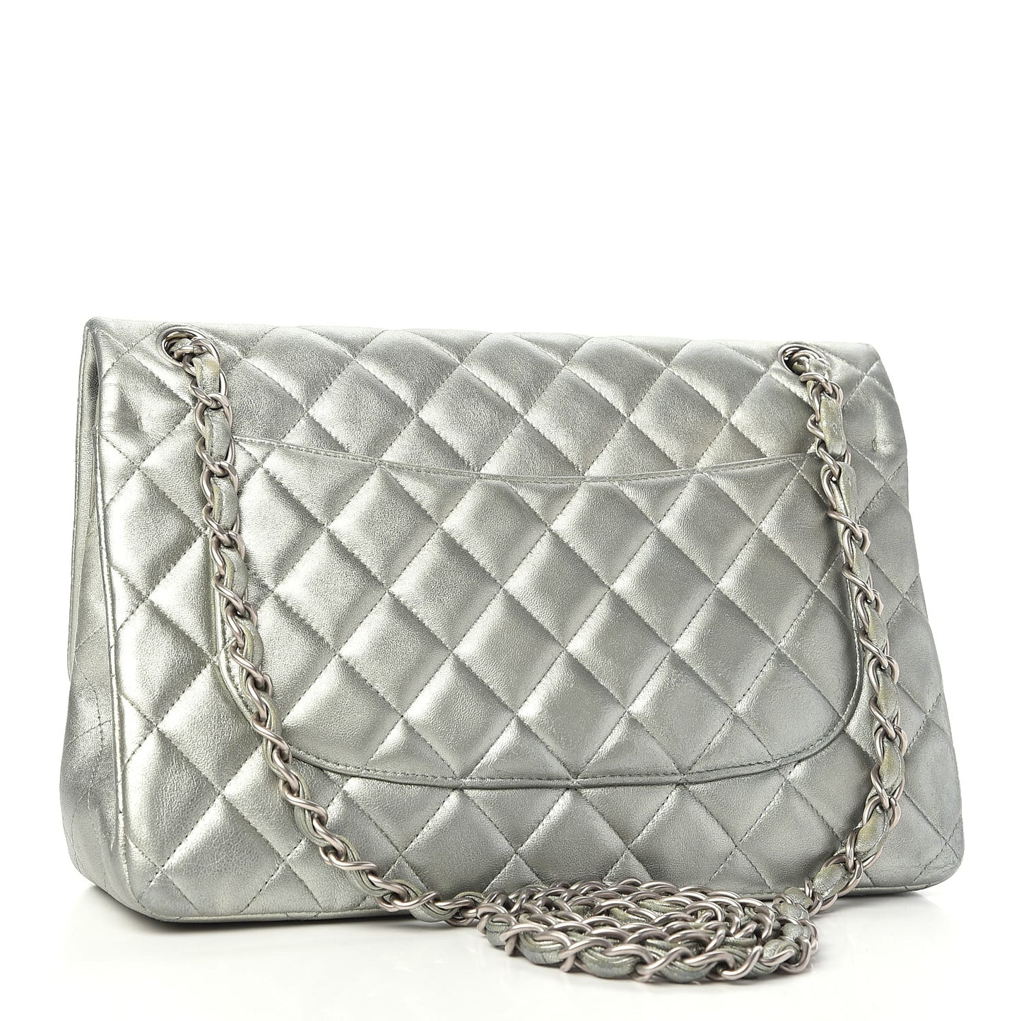 Metallic Lambskin Quilted Jumbo Double Flap Green