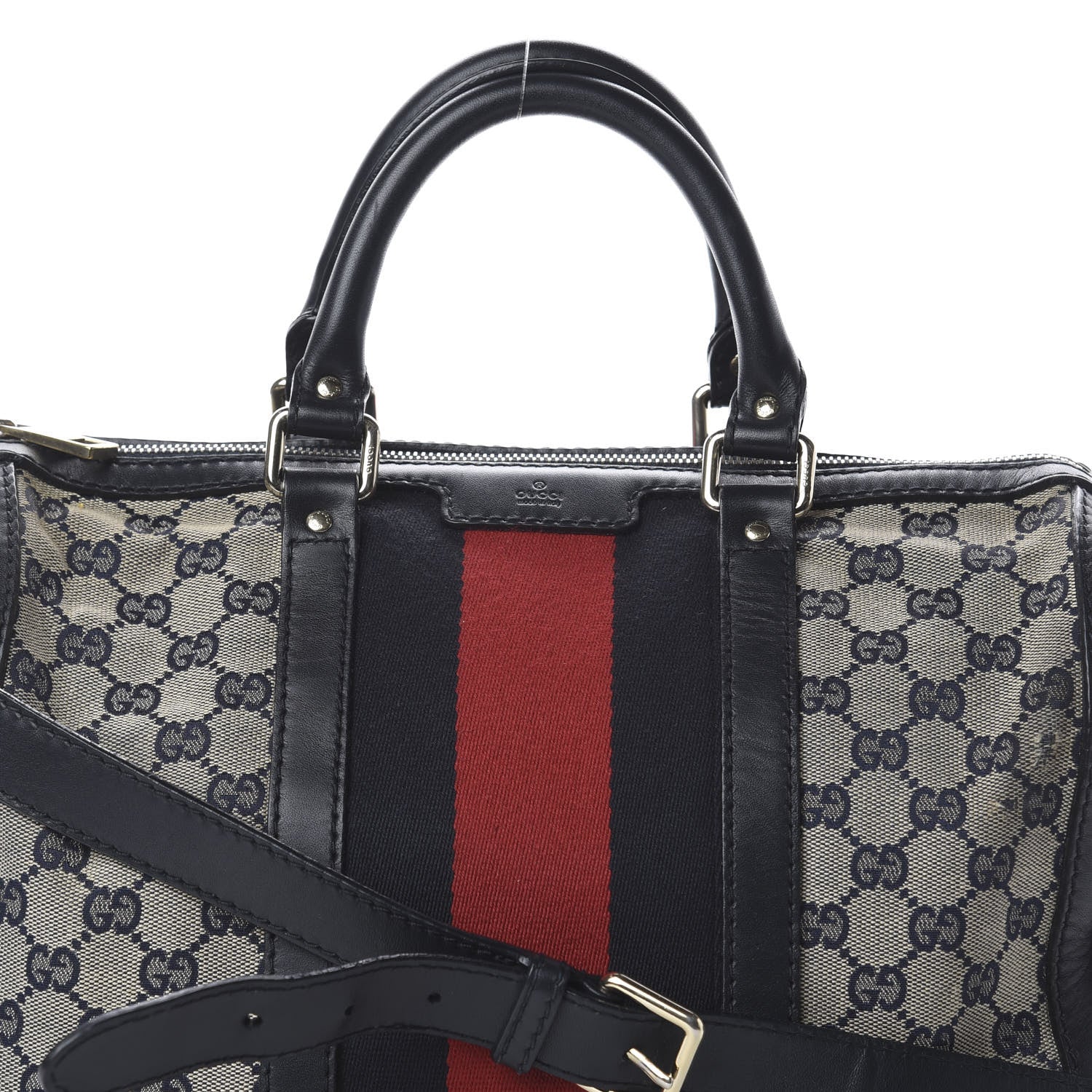 Gucci Monogram Selleria Calfskin Vintage Web Medium Boston Beige Blue 8 of 8