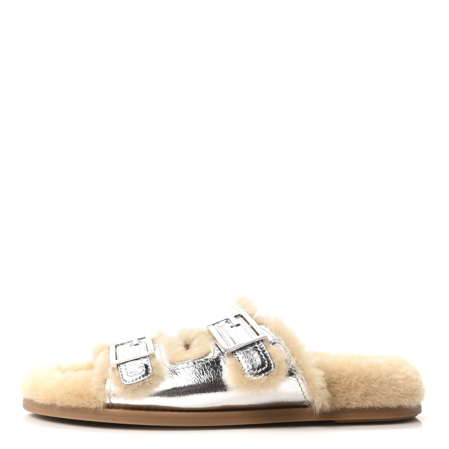 Fendi Shearling Metallic Vitello Womens FF Fendi Feel Buckled Slide Sandals 40 Argento 1 of 9