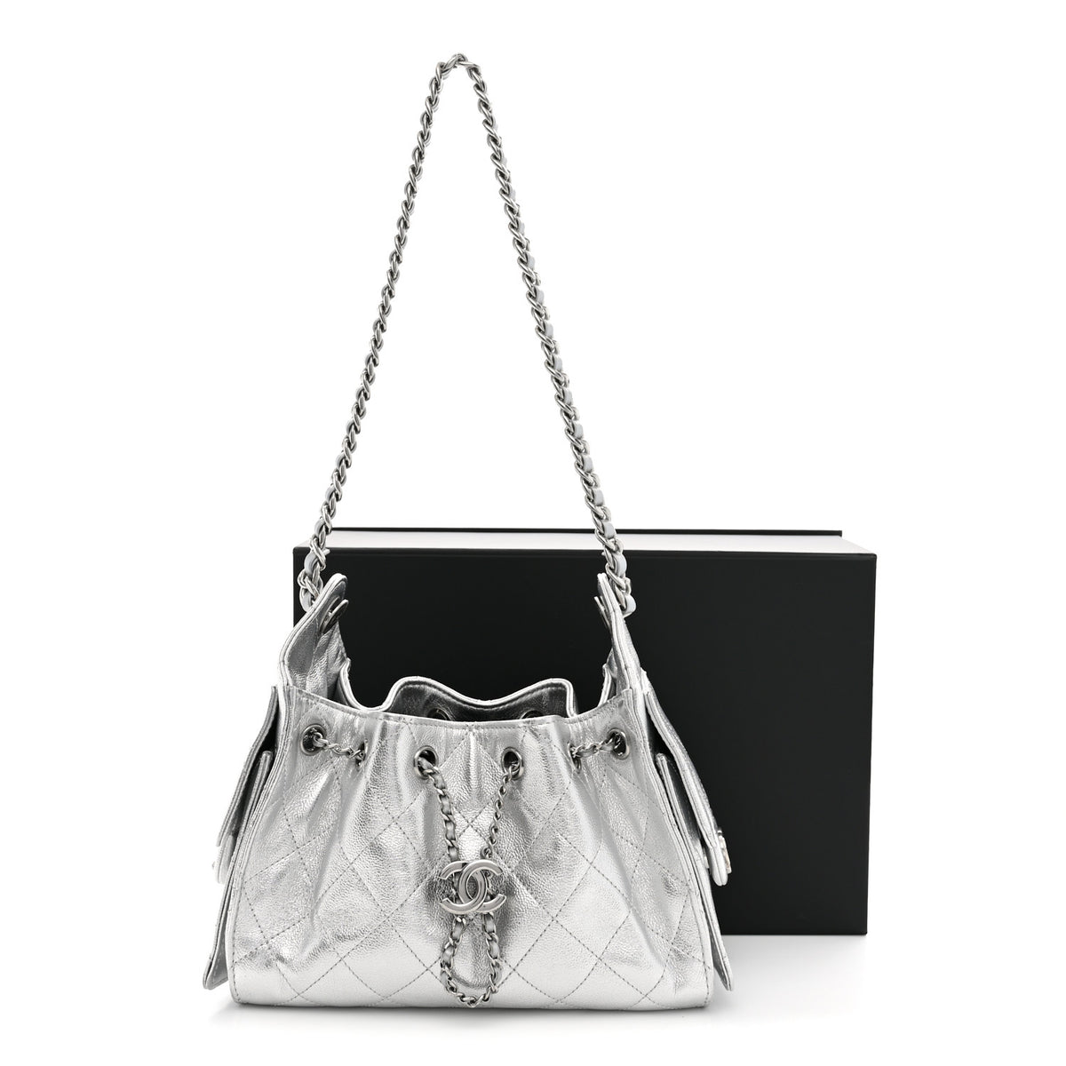 Metallic Caviar Quilted Mini Chanel 25 Handbag Silver