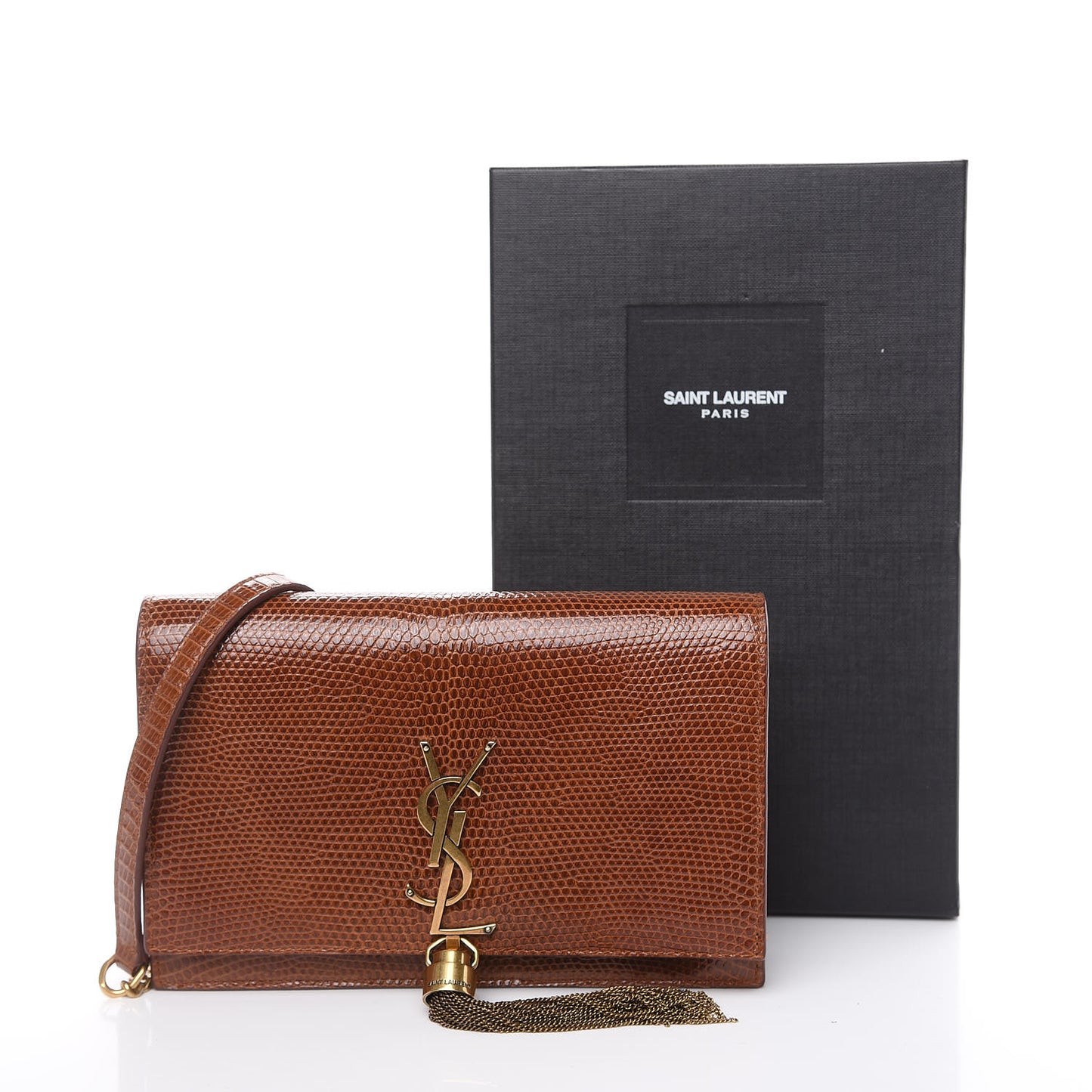 Lizard Kate Monogram Tassel Chain Wallet Cognac