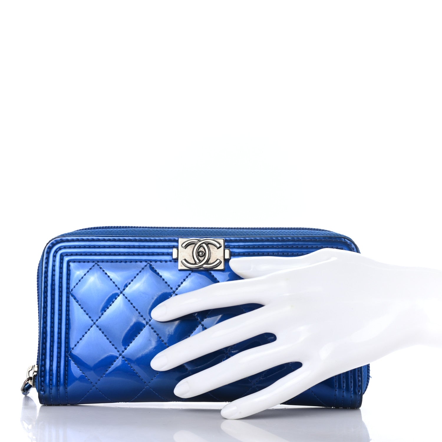 Chanel Metallic Patent Calfskin Quilted Boy L-Gusset Zip Wallet Blue 2 of 10