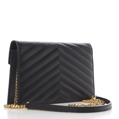 Saint Laurent Grain De Poudre Matelasse Chevron Monogram Envelope Chain Wallet Black 2 of 9