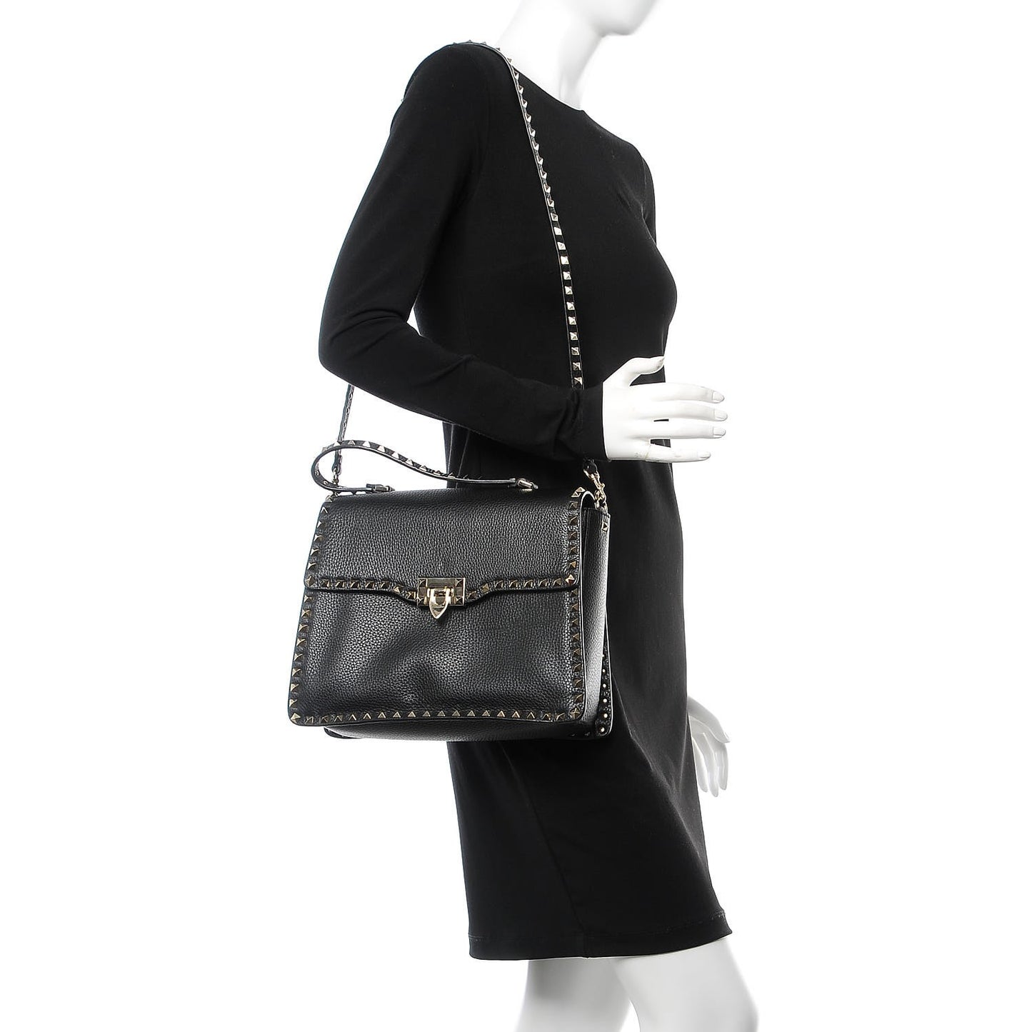 Grained Calfskin Rockstud Top Handle Flap Shoulder Bag Black