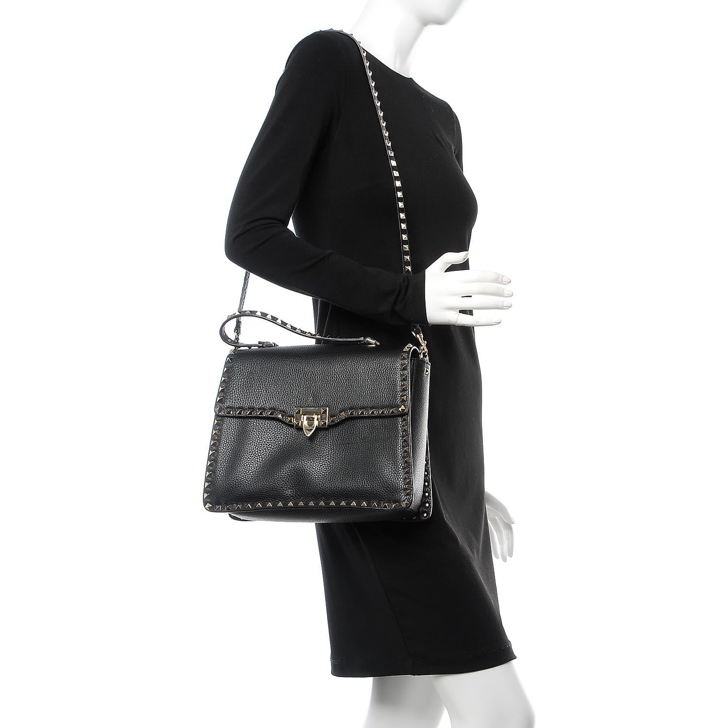 Valentino Garavani Grained Calfskin Rockstud Top Handle Flap Shoulder Bag Black 2 of 8