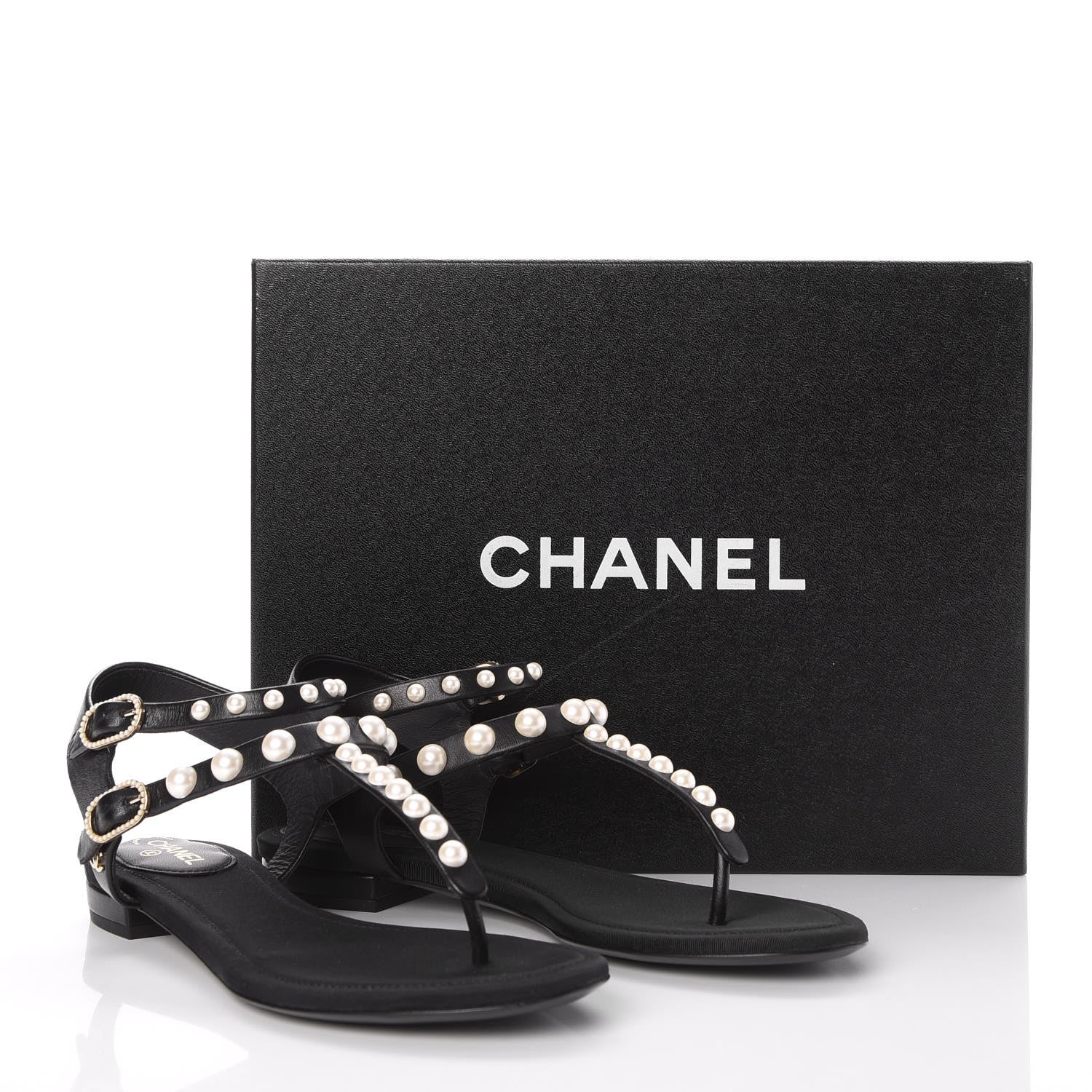 Chanel Lambskin Pearl Thong Sandals 36 Black 8 of 8