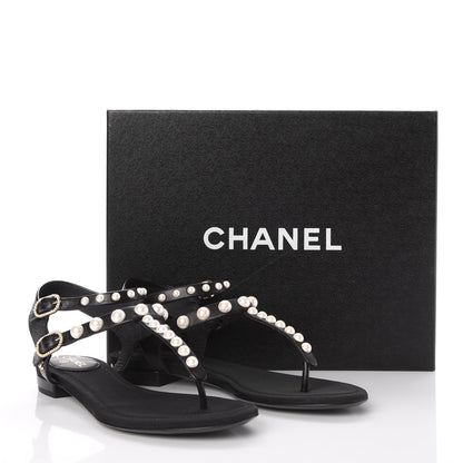 Chanel Lambskin Pearl Thong Sandals 36 Black 8 of 8