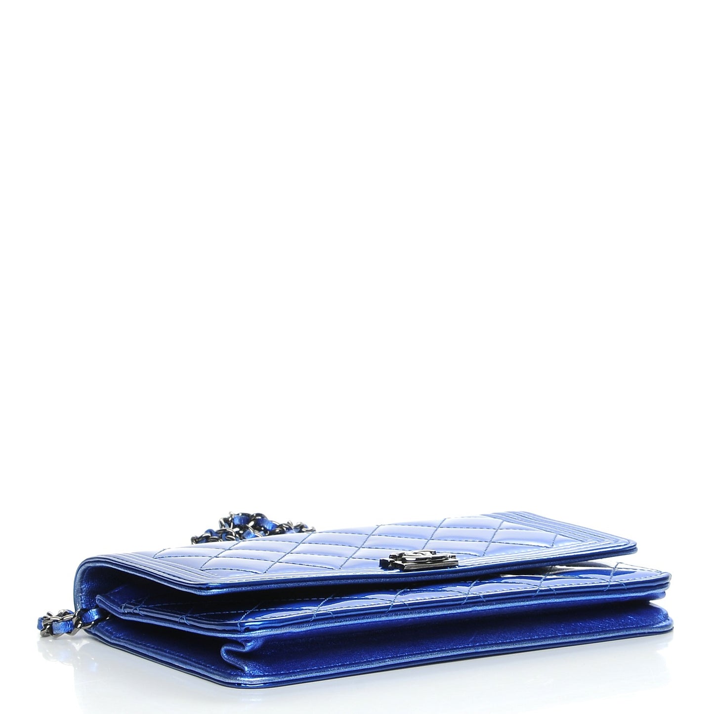 Metallic Patent Calfskin Quilted Boy Wallet On Chain WOC Blue