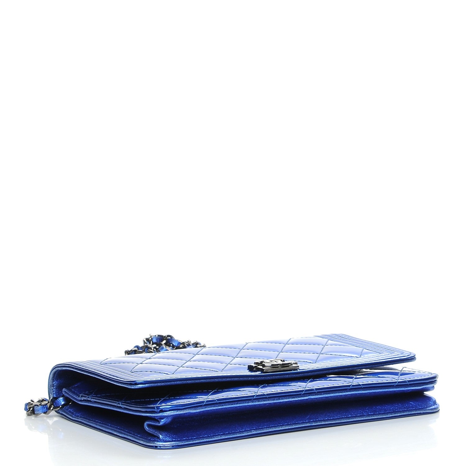 Chanel Metallic Patent Calfskin Quilted Boy Wallet On Chain WOC Blue 4 of 10