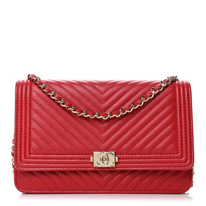 Chanel Calfskin Chevron Quilted Boy Wallet On Chain WOC Red 1 of 5