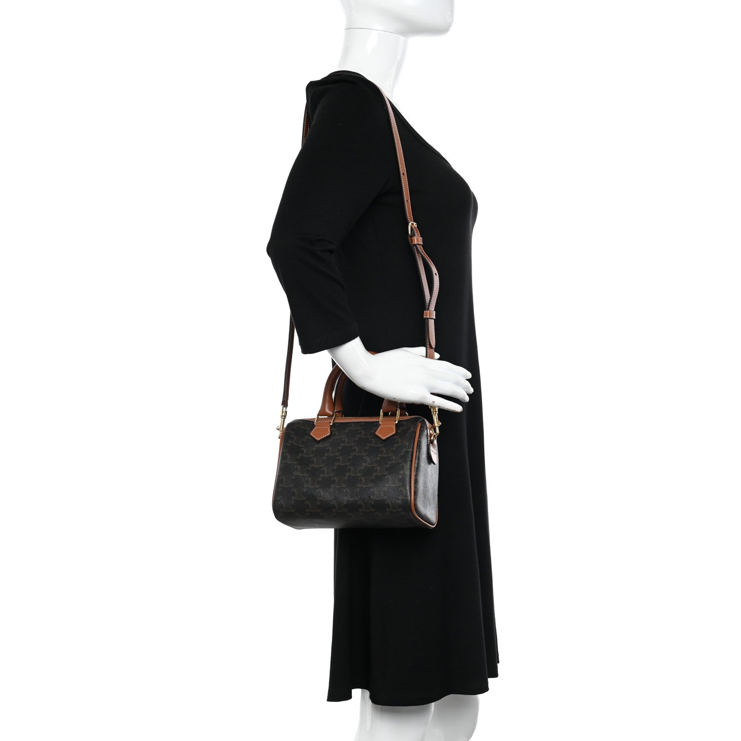 Celine Triomphe Canvas Calfskin Small Boston Bag Tan 2 of 10