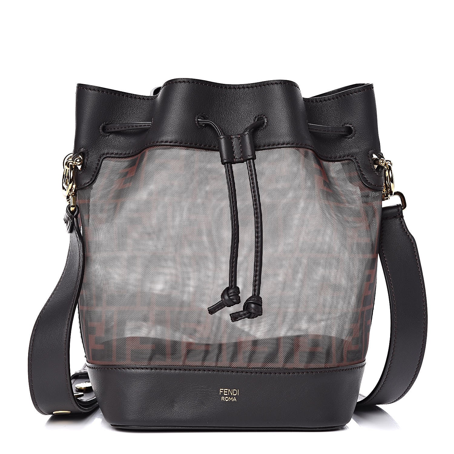 Fendi Mesh Vitello Grace F is Fendi FF 1974 Grande Mon Tresor Bucket Bag Marrone Black Ebano 1 of 11