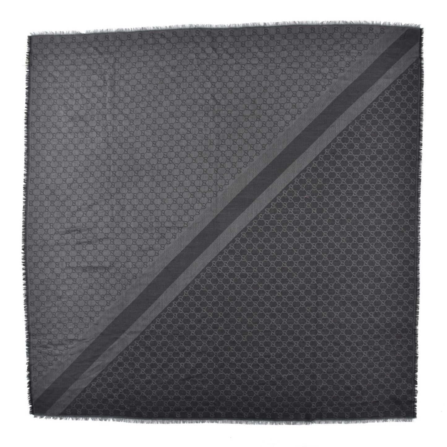 Wool Silk Monogram GGWeb Fringe Shawl Black Medium Grey