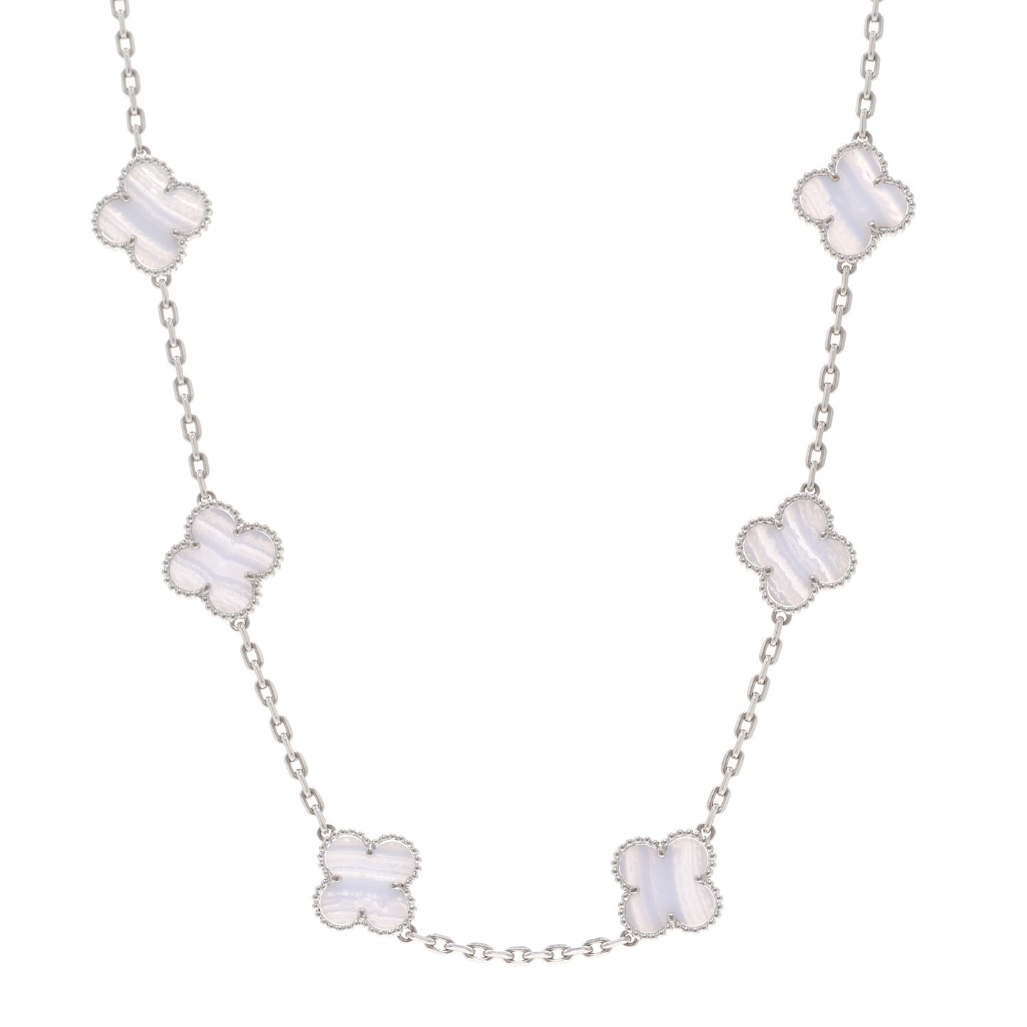 18K White Gold Chalcedony 10 Motifs Vintage Alhambra Necklace