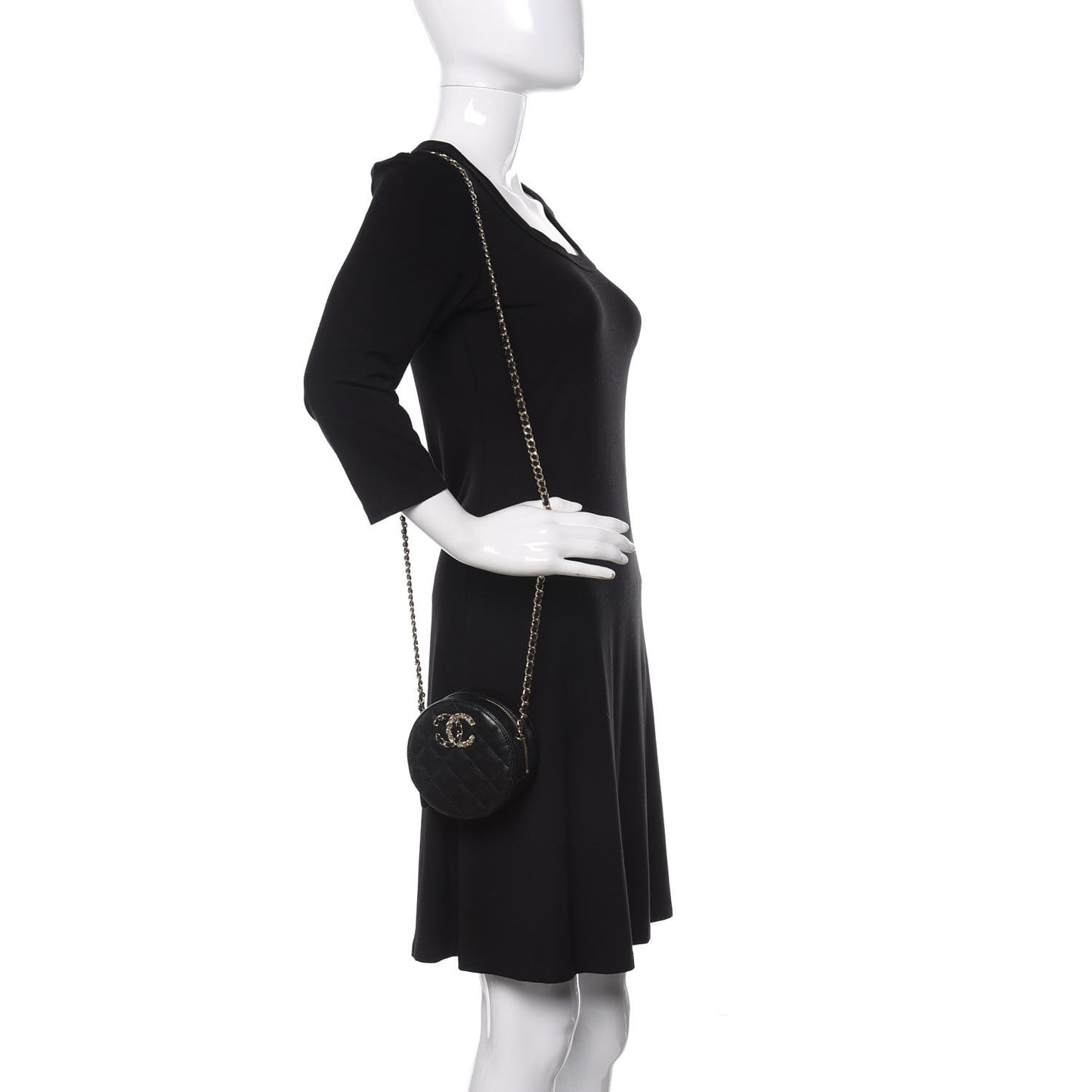 Caviar Quilted French New Wave Round Clutch With Chain Black
