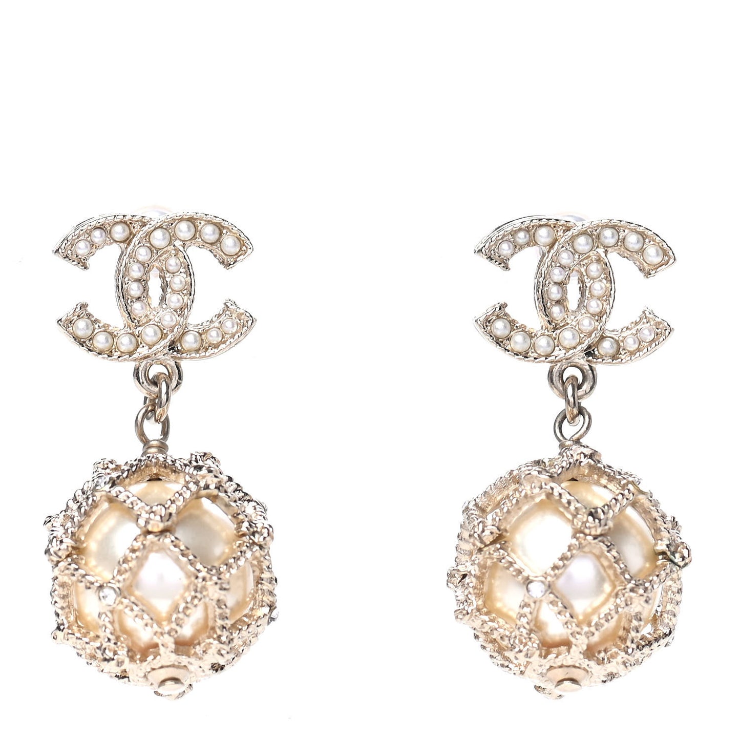 Pearl Caged CC Drop Earrings Gold