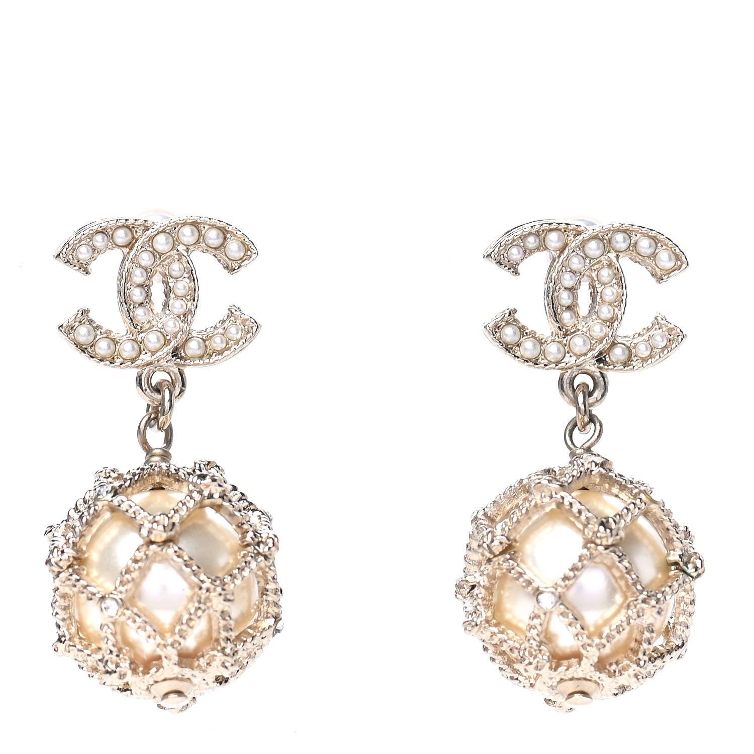 Chanel Pearl Caged CC Drop Earrings Gold 1 of 4
