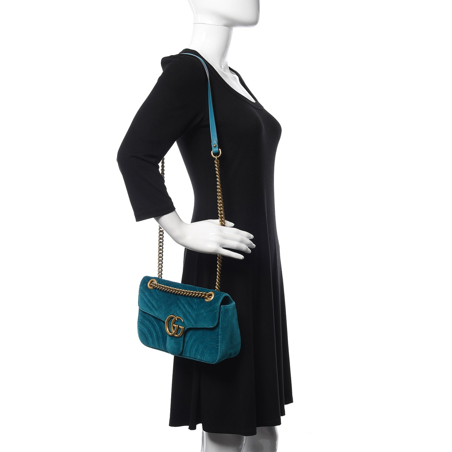 Velvet Matelasse Small GG Marmont Shoulder Bag Pavone Cyan