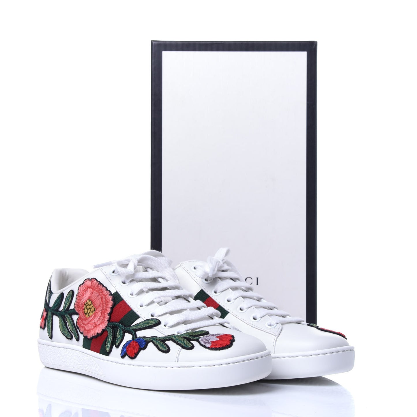 Calfskin Web Floral Embroidered Ace Sneakers 38 White