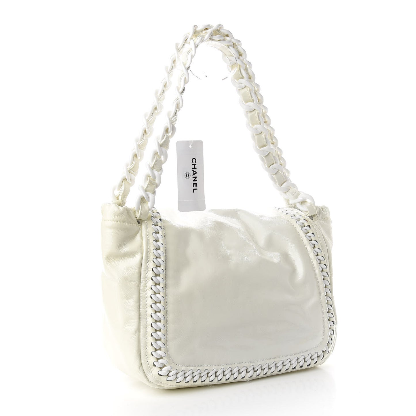 Crinkled Patent Modern Chain Flap White