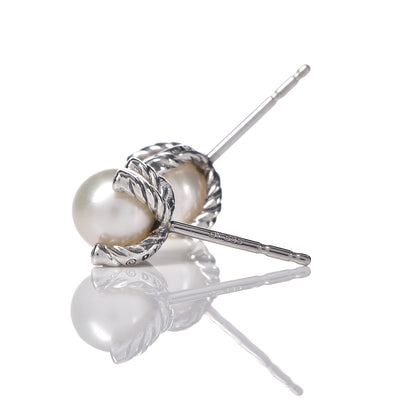 David Yurman Sterling Silver Diamond Pearl 7mm Earrings 4 of 4