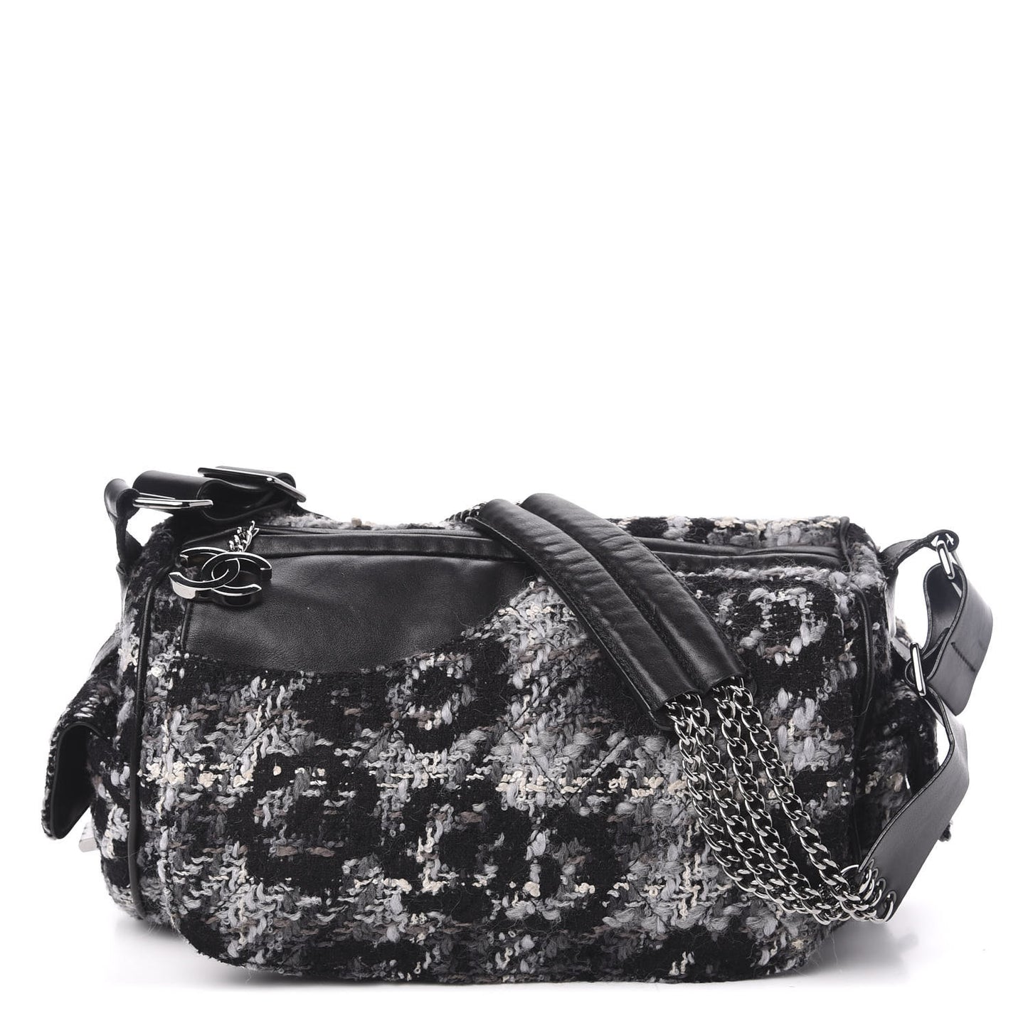 Tweed Quilted Camellia Shoulder Bag Black
