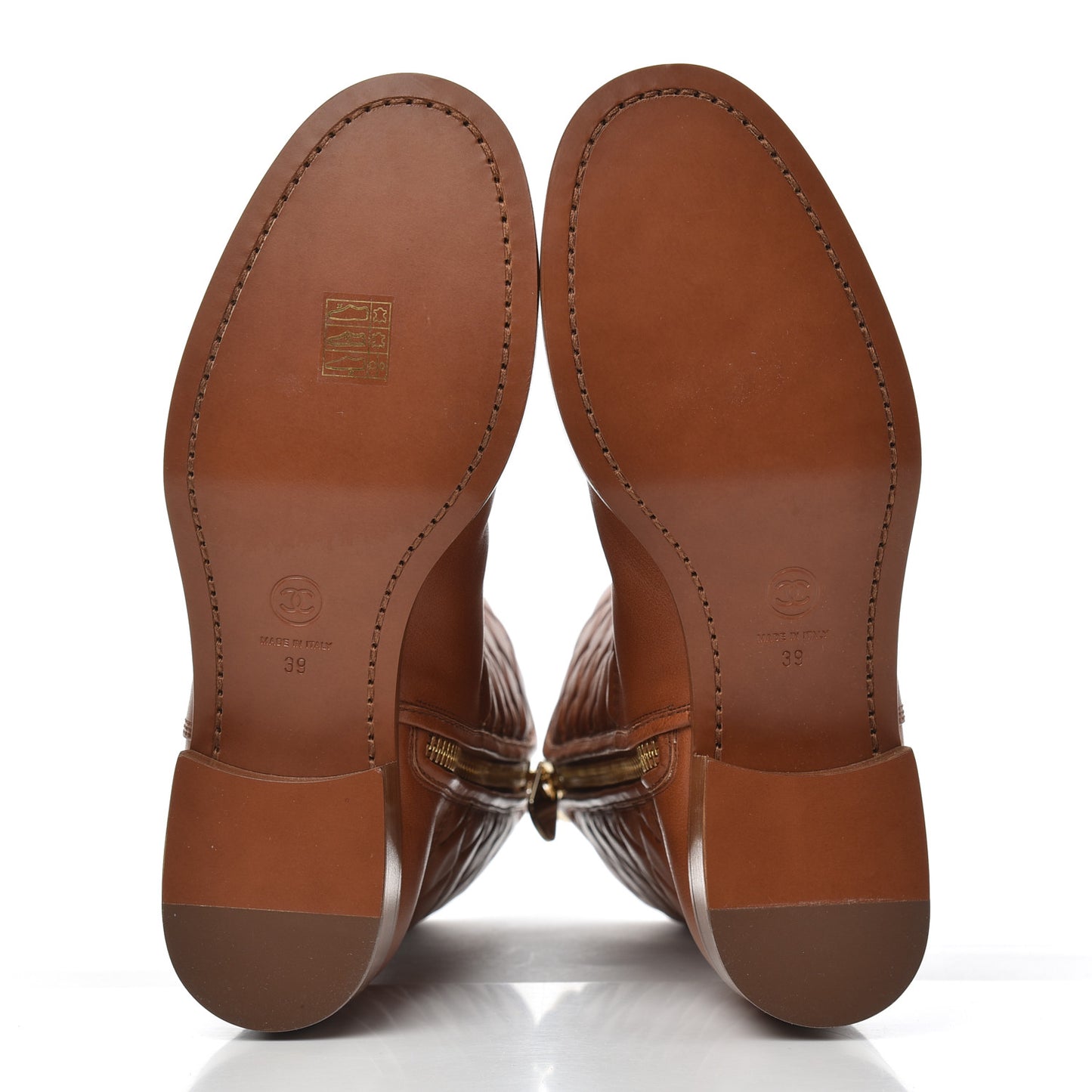 Calfskin CC Logo Mid Calf Boots 38 Caramel