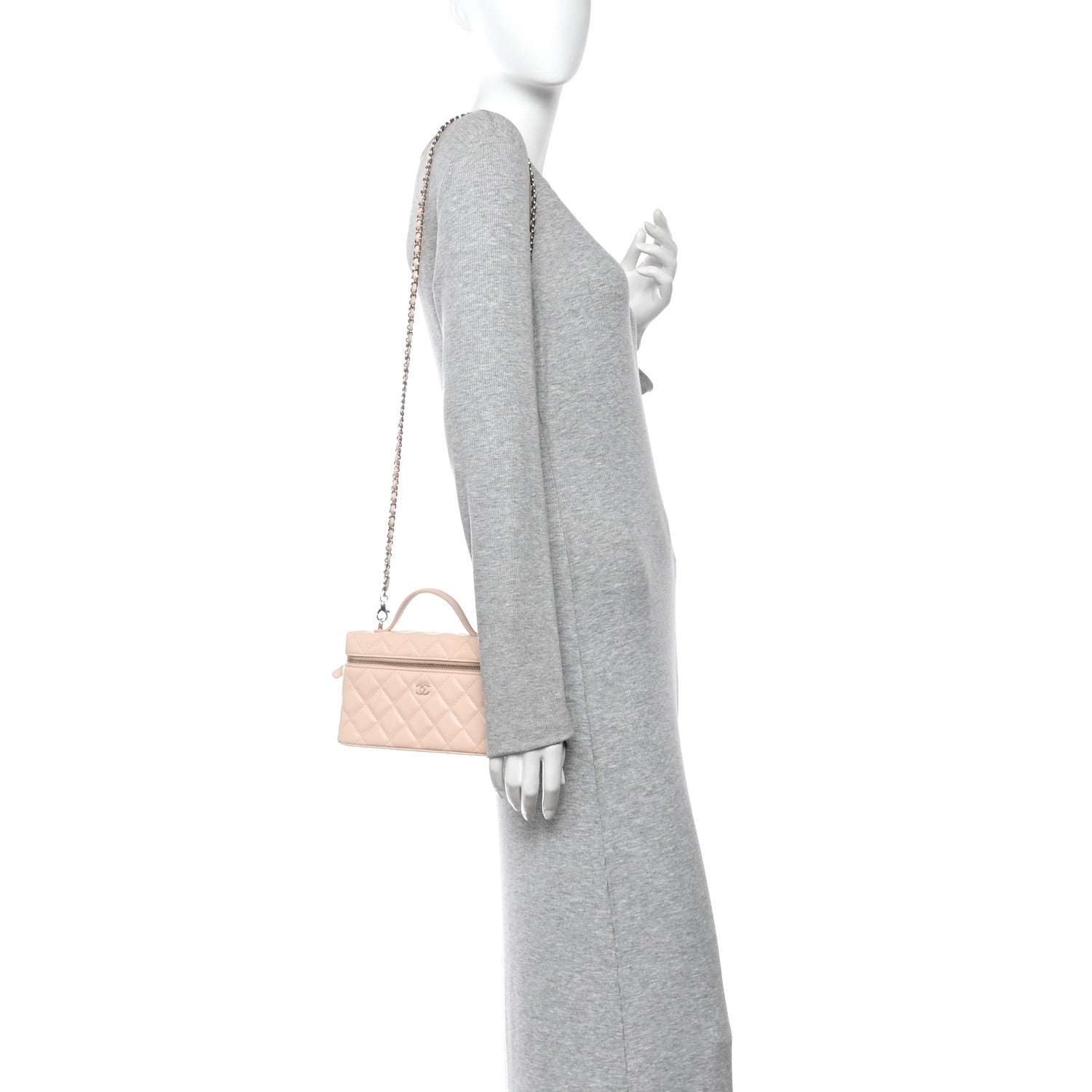 Chanel Caviar Quilted Top Handle Slim Vanity With Chain Beige