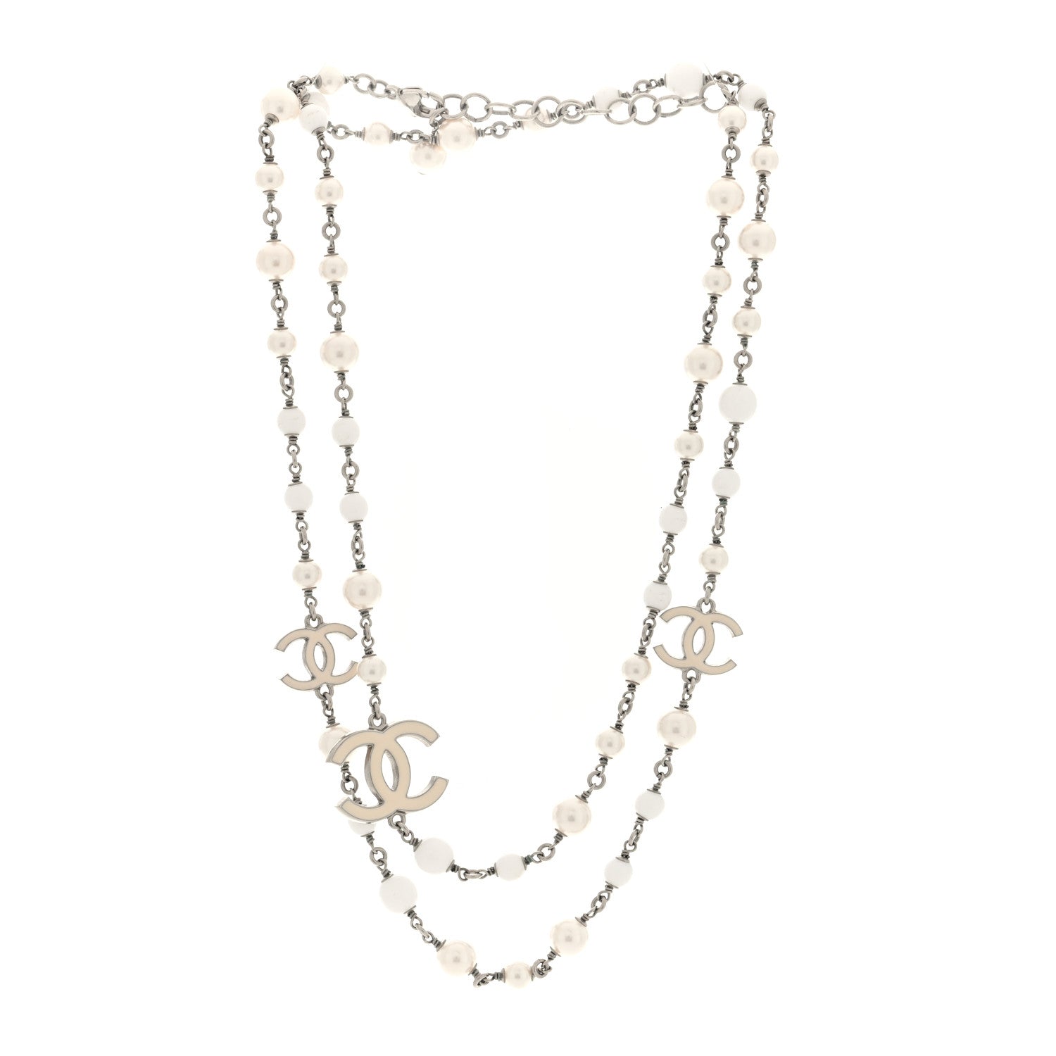 Chanel Pearl Enamel Bead CC Long Necklace  Silver White 3 of 4