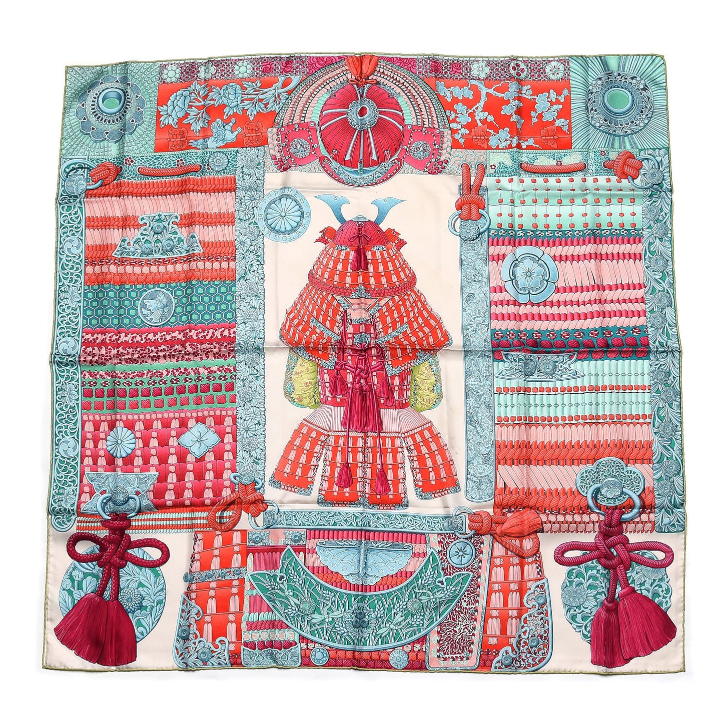 Silk Parures de Samourais Scarf 90 Creme Aqua Coral