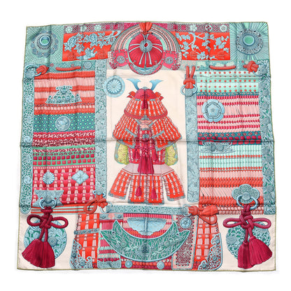 Hermes Silk Parures de Samourais Scarf 90 Creme Aqua Coral 1 of 6