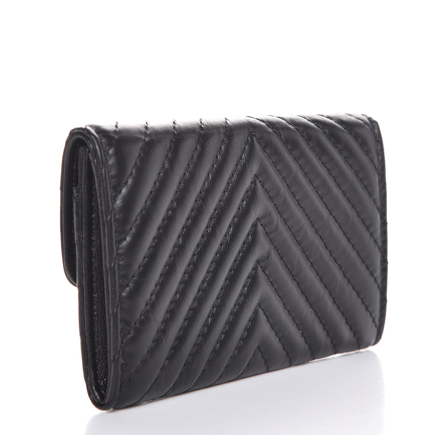 Aged Calfskin Chevron Quilted Card Holder Wallet So Black