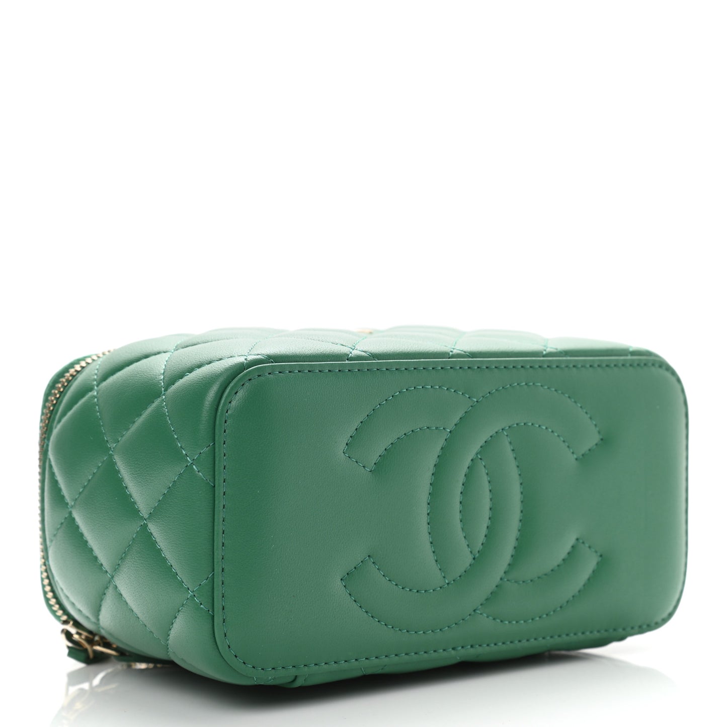 Lambskin Quilted Small Top Handle Vanity Case With Chain Green