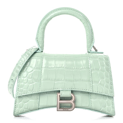 Balenciaga Shiny Calfskin Crocodile Embossed Hourglass Top Handle Bag XS Light Green 1 of 13