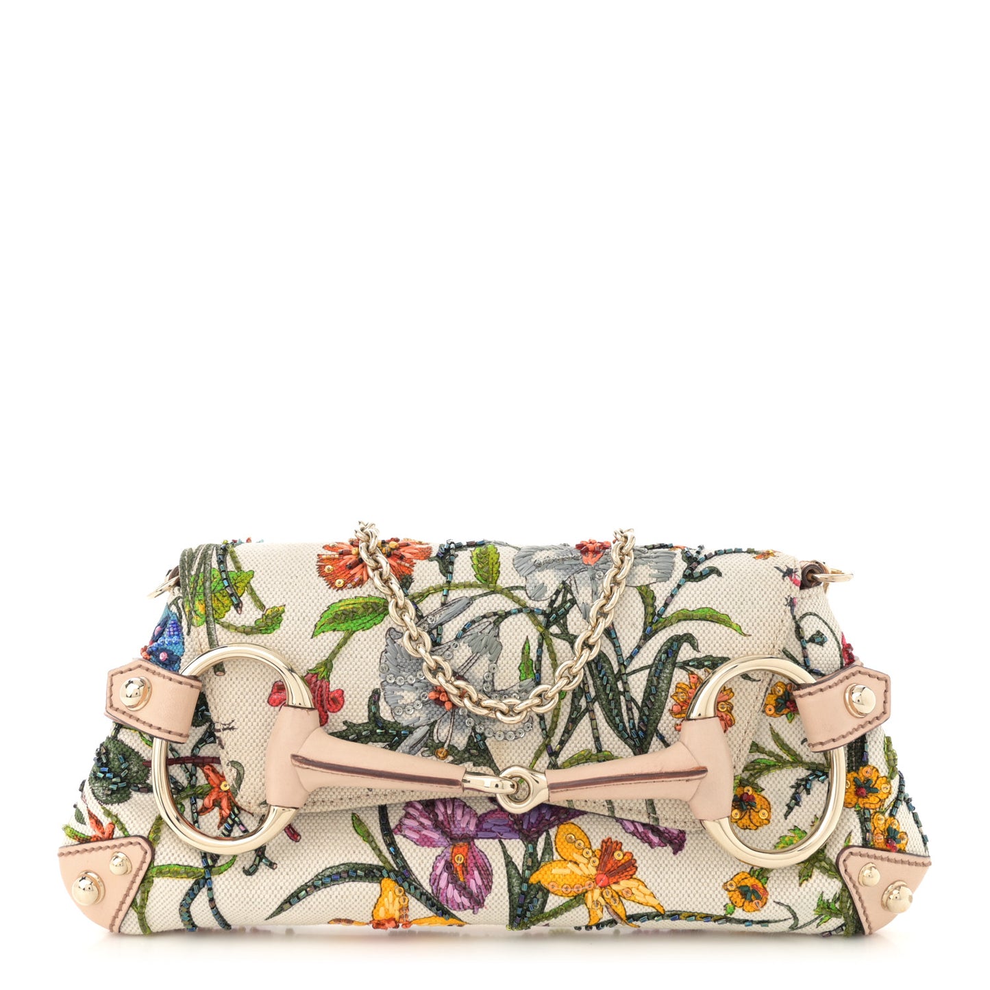 Canvas Flora Floral Beaded Small Horsebit Chain Clutch White Multicolor