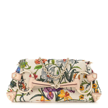 Gucci Canvas Flora Floral Beaded Small Horsebit Chain Clutch White Multicolor 1 of 13