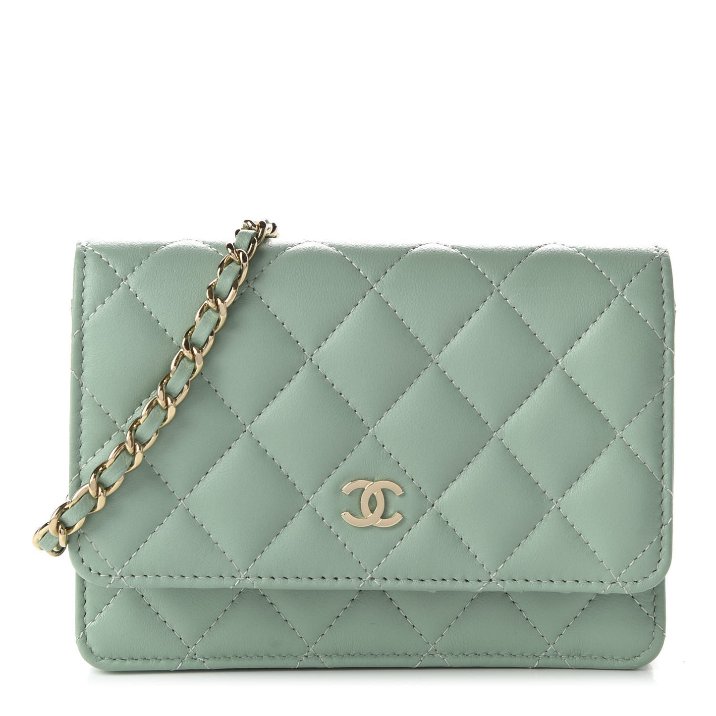 Lambskin Quilted Mini Wallet On Chain WOC Light Green