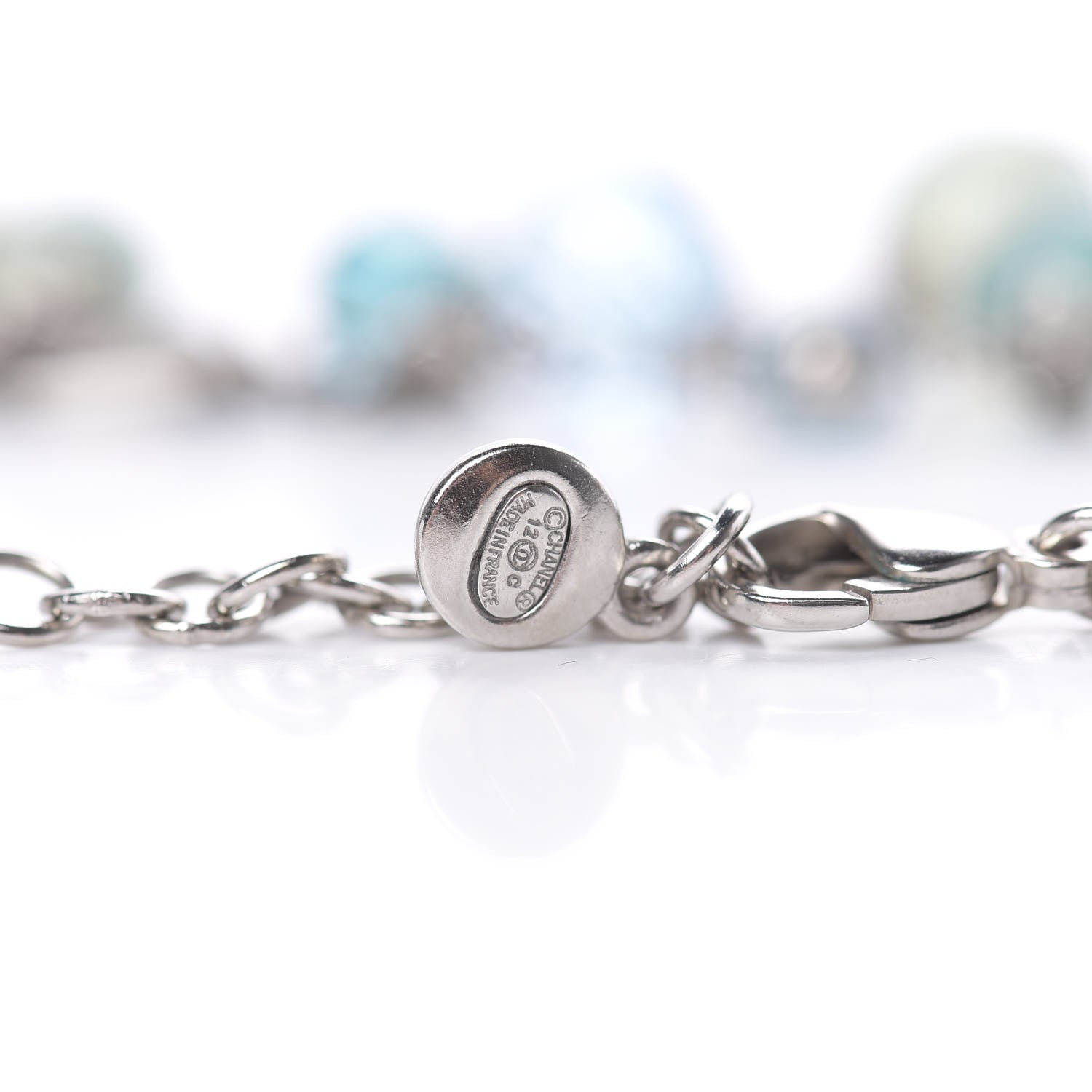 Chanel Pearl Crystal CC Beaded Short Necklace Silver Blue 4 of 5