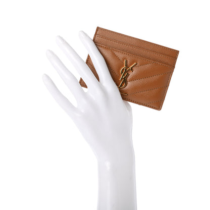 Saint Laurent Grain De Poudre Matelasse Chevron Monogram Credit Card Case Natural Dark 2 of 7