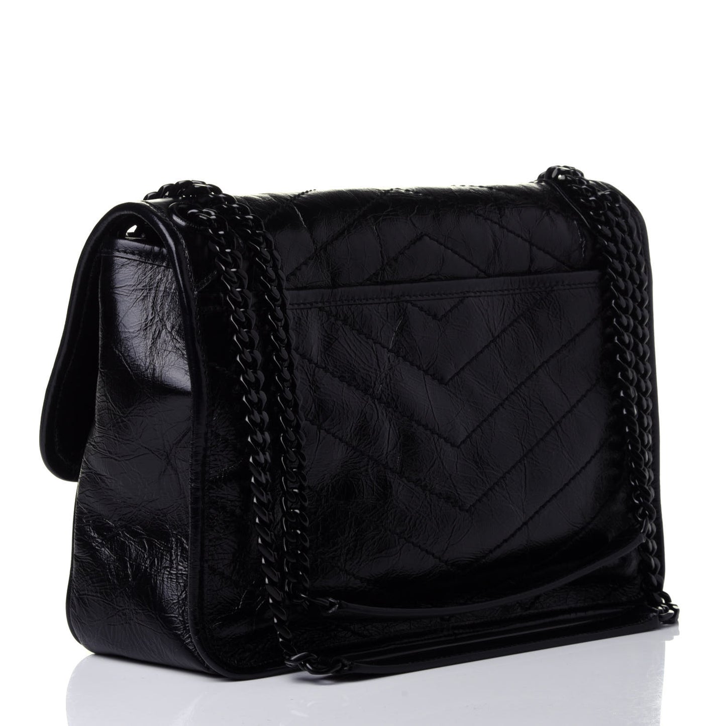 Crinkled Calfskin Matelasse Monogram Medium Niki Chain Satchel Black