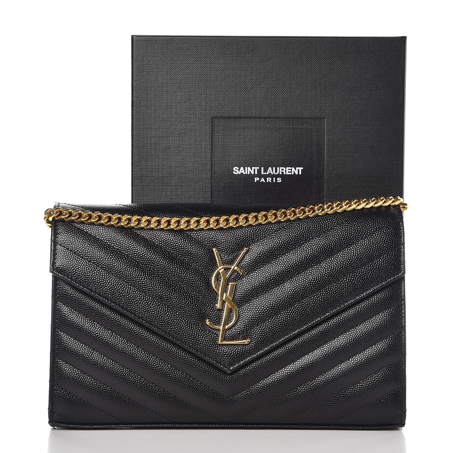 Saint Laurent Grain De Poudre Matelasse Chevron Monogram Chain Wallet Black 8 of 8